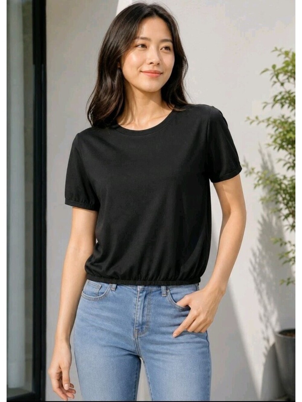 Co Collection Women's top Size S black elastic waist short sleeves #CC